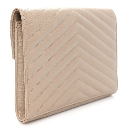 Saint Laurent Grain De Poudre Matelasse Chevron Monogram Envelope Clutch Dark Beige 3 of 7