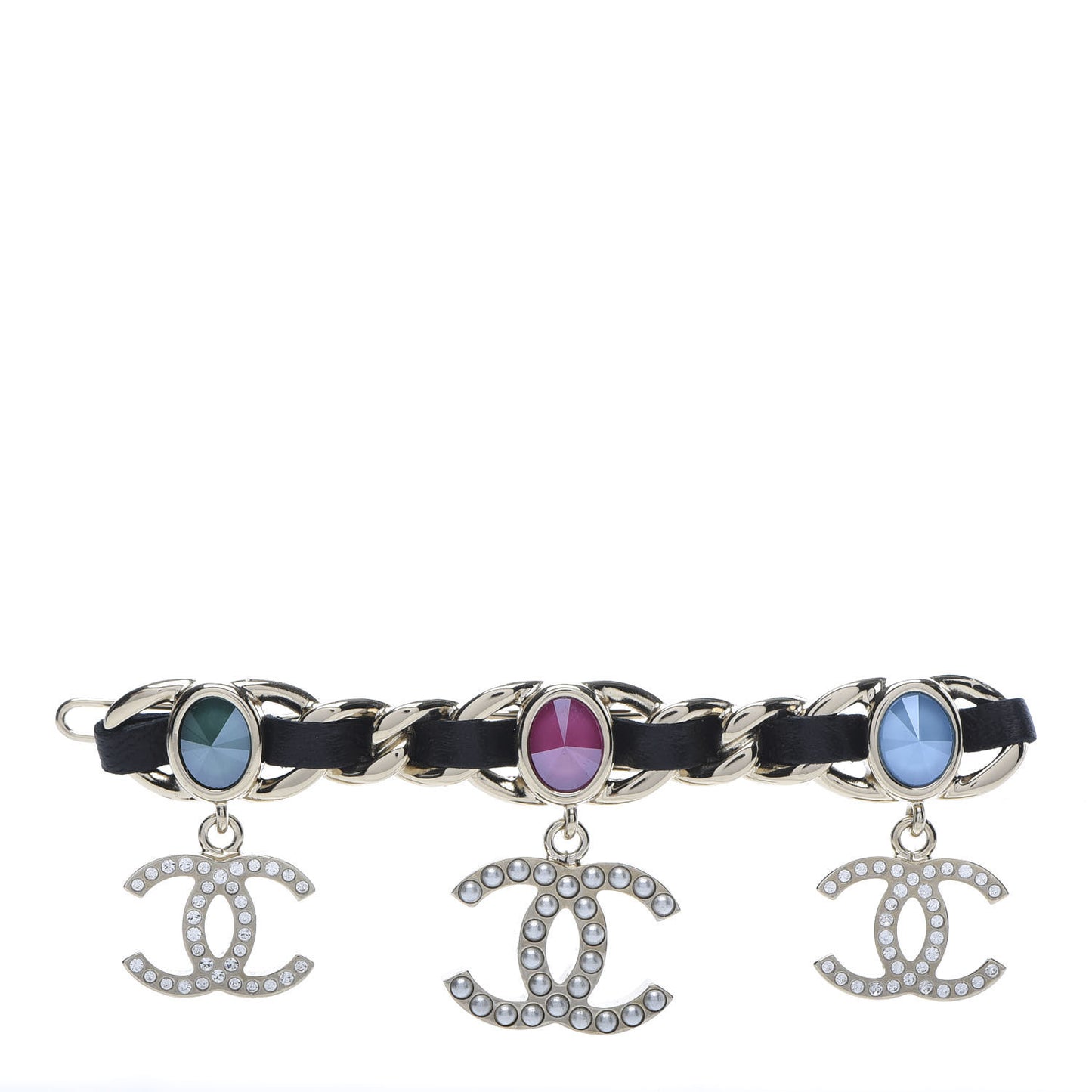 Metal Glass Lambskin Pearl CC Hair Clip Black Multicolor