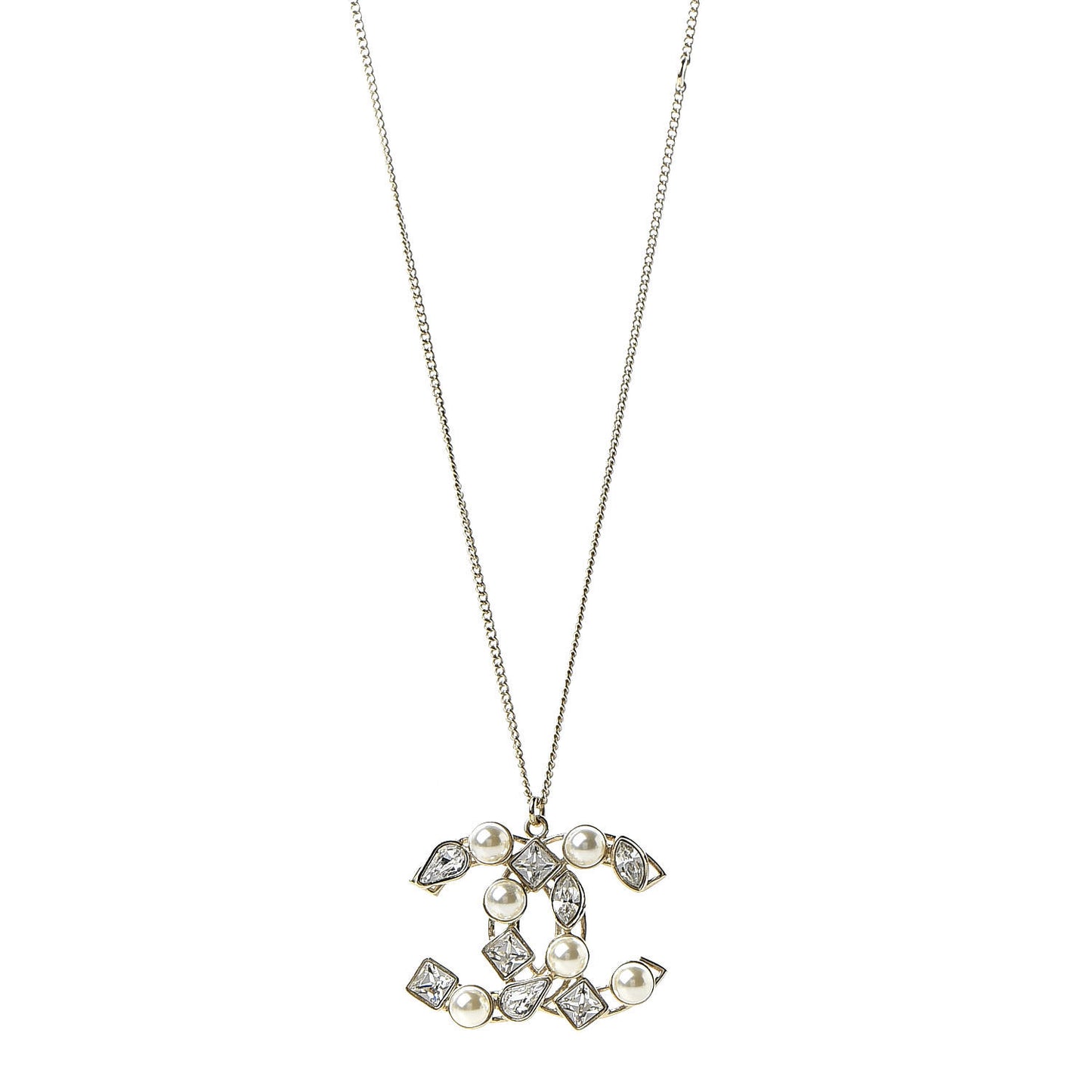 Pearl Crystal Baguette CC Pendant Necklace Gold
