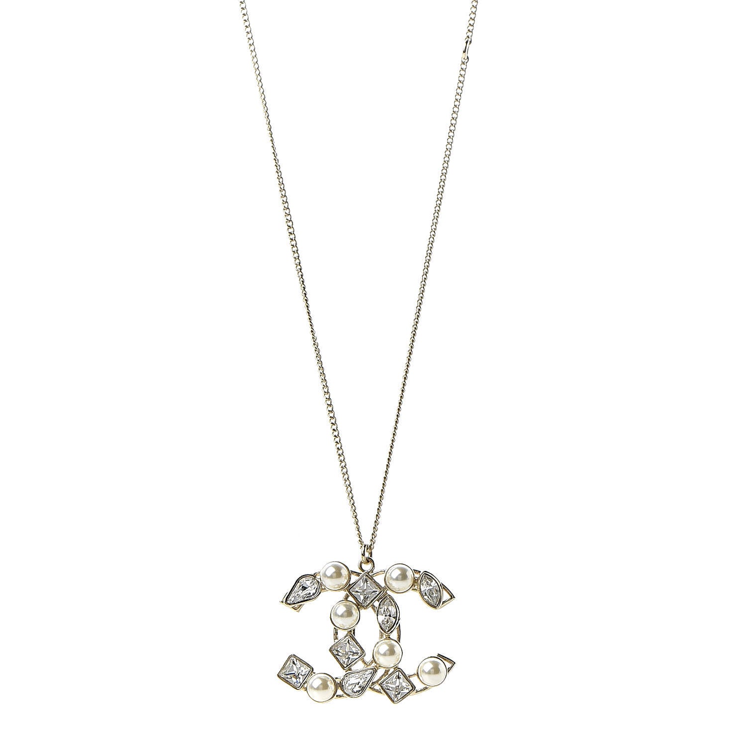 Chanel Pearl Crystal Baguette CC Pendant Necklace Gold 1 of 6