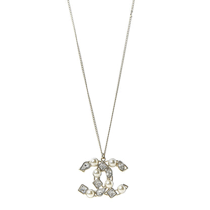 Chanel Pearl Crystal Baguette CC Pendant Necklace Gold 1 of 6