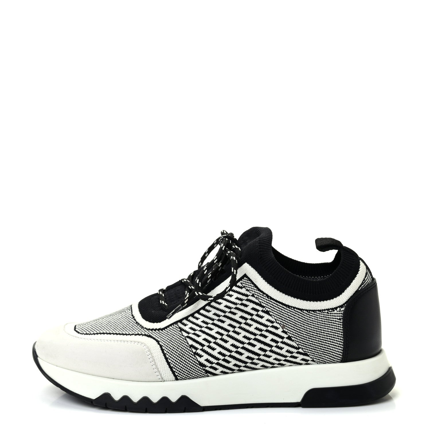 Hermes Knit Calfskin Suede Goatskin Bi-Color Womens Addict Sneakers 37.5 Black White 1 of 8