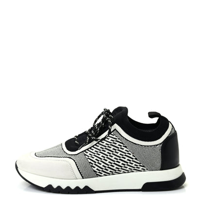 Hermes Knit Calfskin Suede Goatskin Bi-Color Womens Addict Sneakers 37.5 Black White 1 of 8