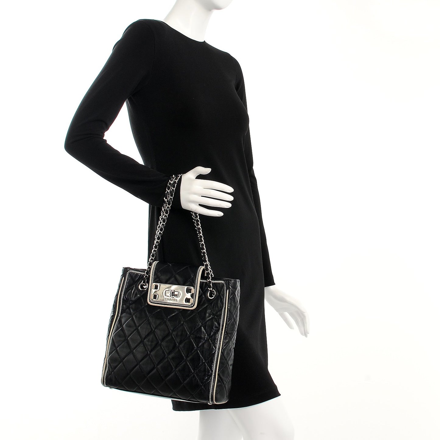Glazed Lambskin Quilted Large North South Tote Black