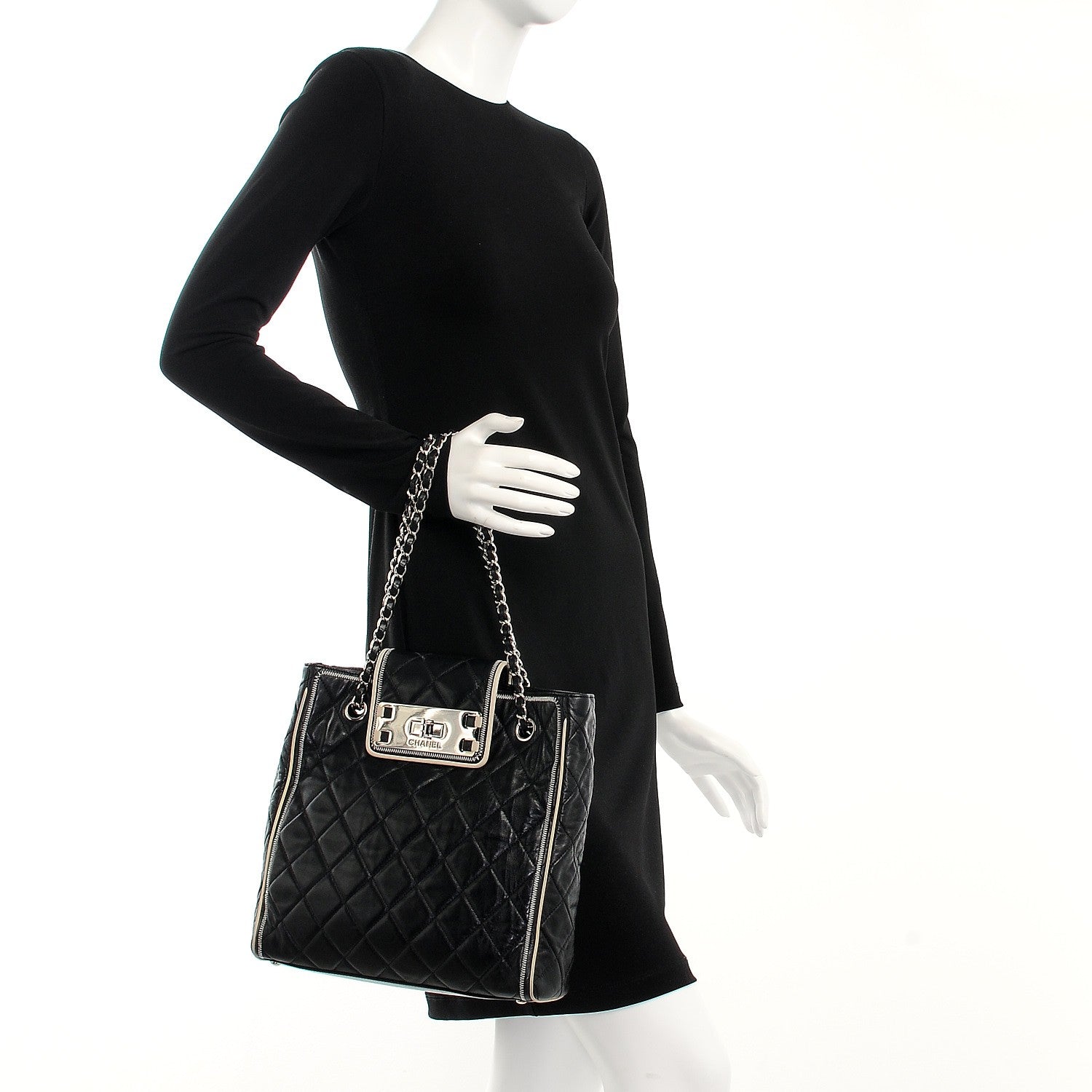 Chanel Glazed Lambskin Quilted Large North South Tote Black 2 of 11