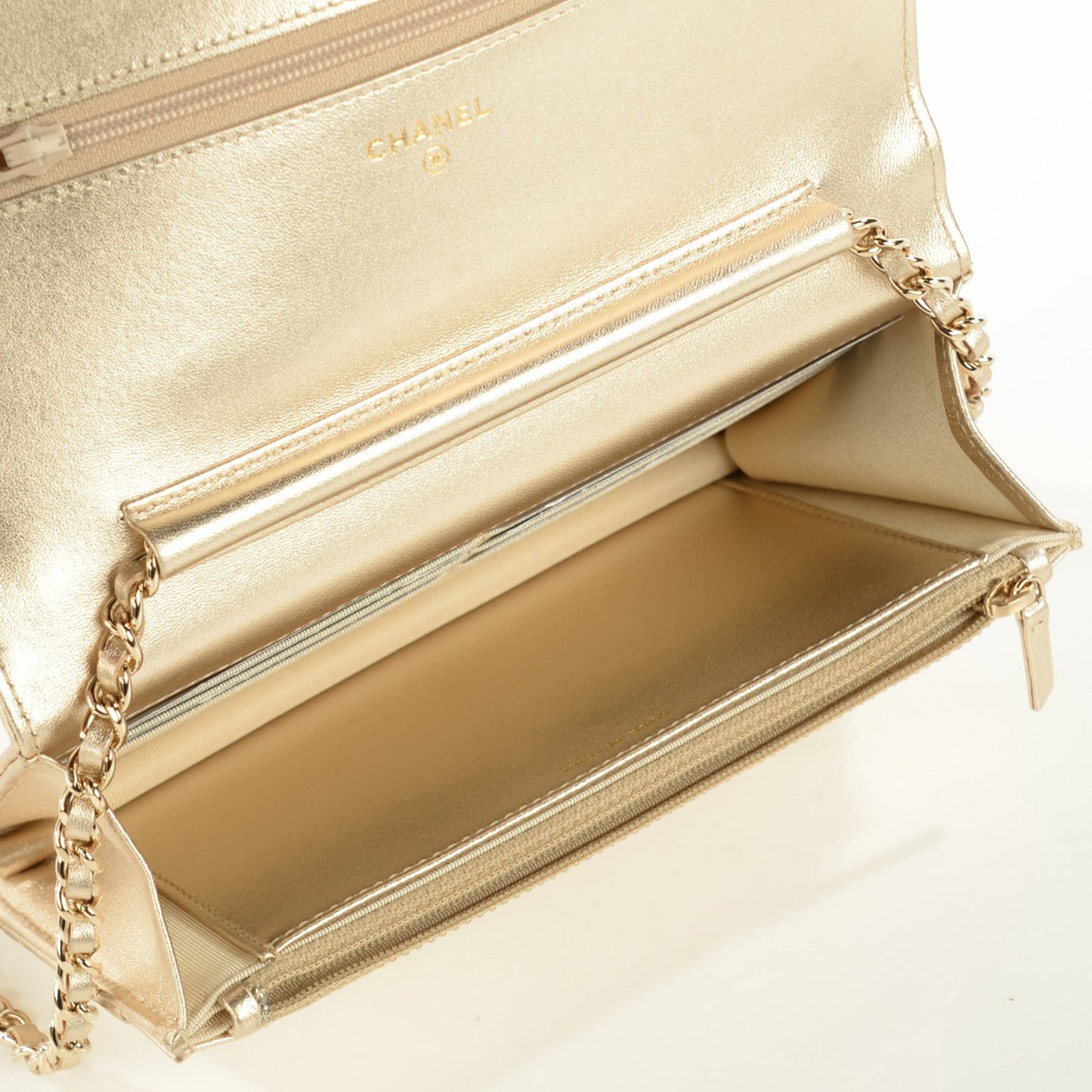 Metallic Lambskin Quilted Wallet On Chain WOC Gold