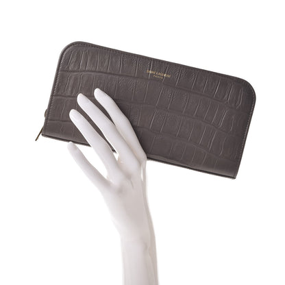 Saint Laurent Calfskin Crocodile Embossed Classic Zip Around Continental Wallet Grey 2 of 7