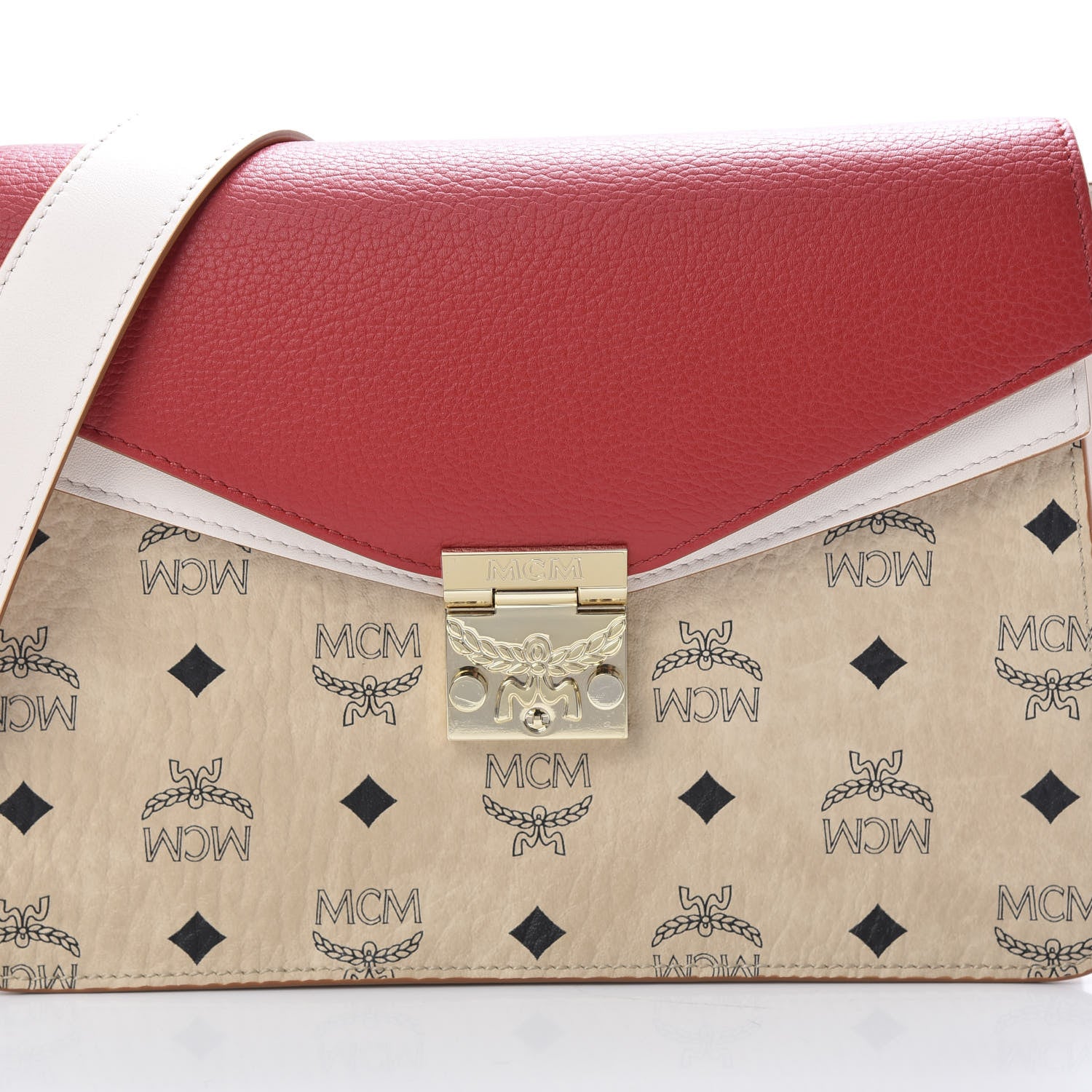 MCM Visetos Calfskin Colorblock Mezzanin Shoulder Bag Beige Ruby Red 8 of 11