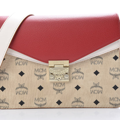 MCM Visetos Calfskin Colorblock Mezzanin Shoulder Bag Beige Ruby Red 8 of 11