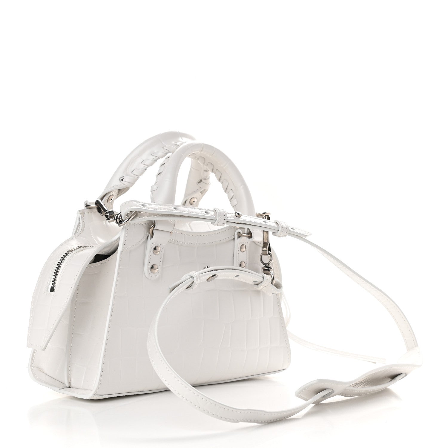Balenciaga Semi Shiny Calfskin Crocodile Embossed Neo Classic Silver Hardware Mini City White 3 of 8