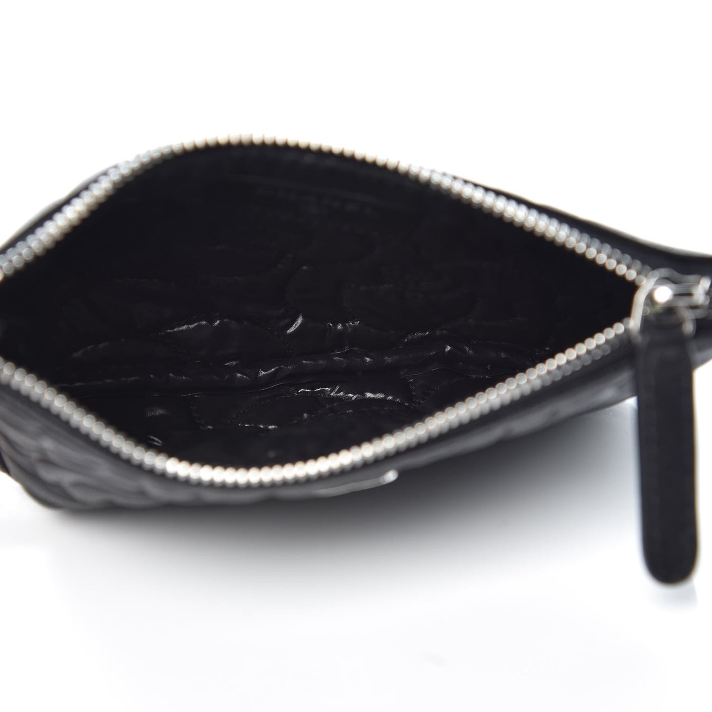 Goatskin Camellia Embossed Cosmetic Pouch Black