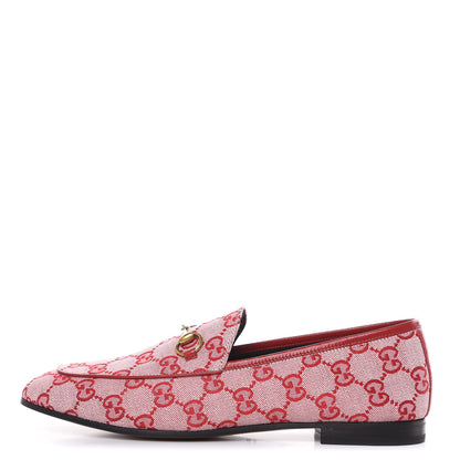 Gucci Canvas GG Monogram Horsebit Womens Jordaan Loafers 40 Gardenia Hibiscus Red 1 of 9