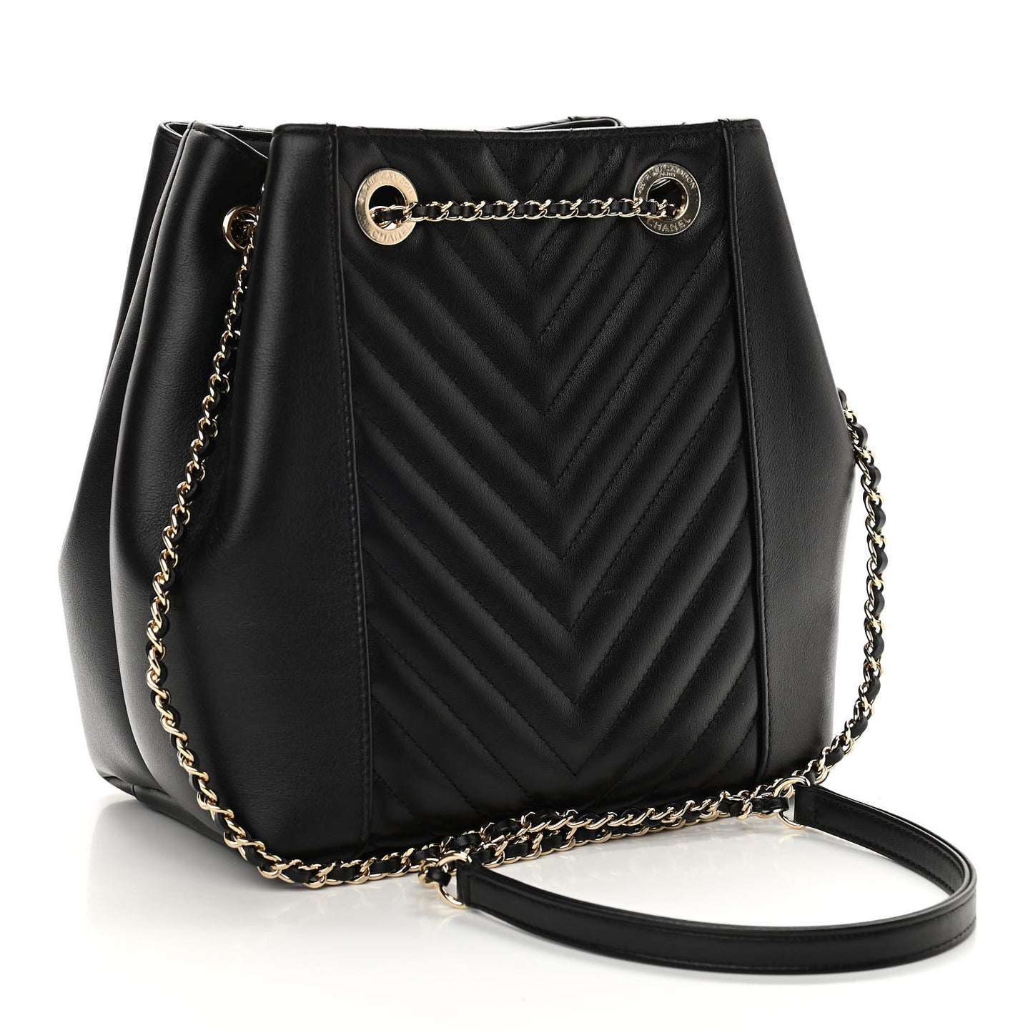 Calfskin Chevron Quilted Small CC Chain Bucket Drawstring Bag Black