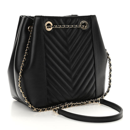 Chanel Calfskin Chevron Quilted Small CC Chain Bucket Drawstring Bag Black 3 of 10