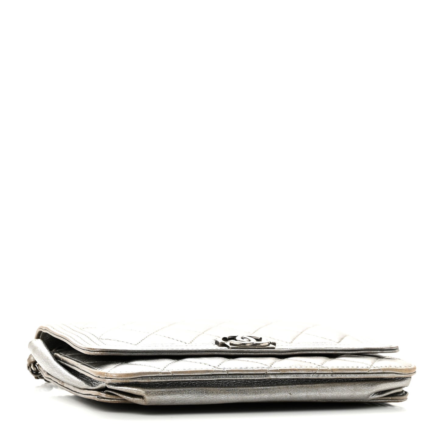Metallic Calfskin Quilted Boy Wallet On Chain WOC Silver