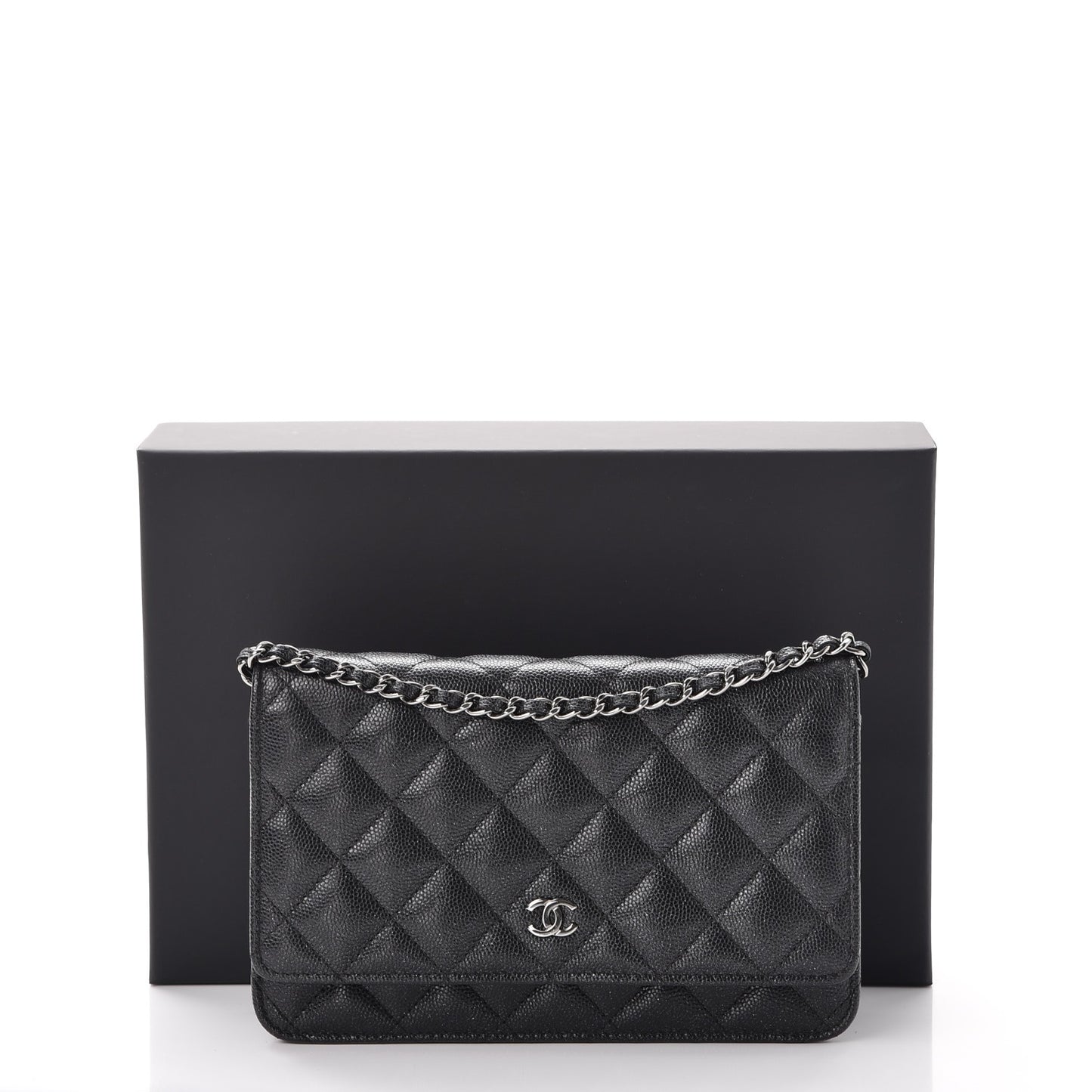 Metallic Caviar Quilted Wallet On Chain WOC Black