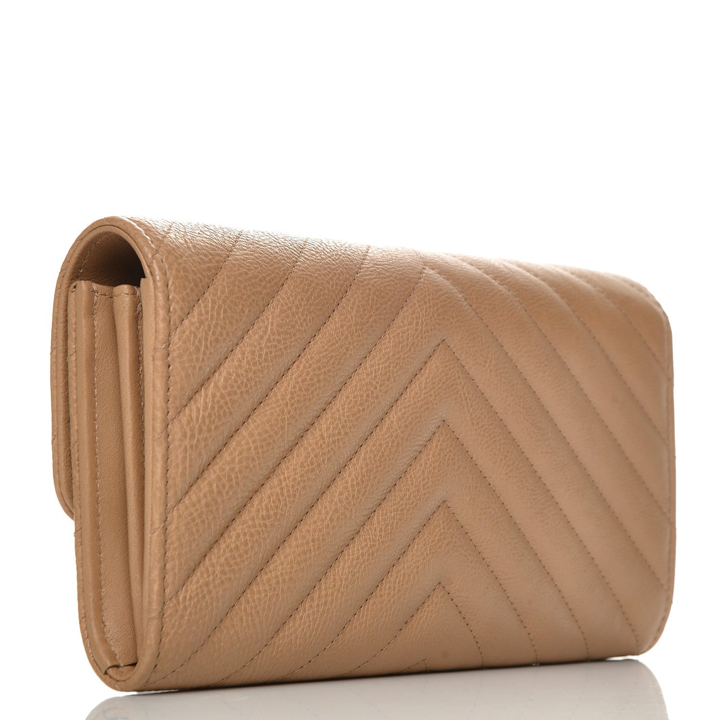Grained Calfskin Chevron Quilted Large Flap Wallet Beige