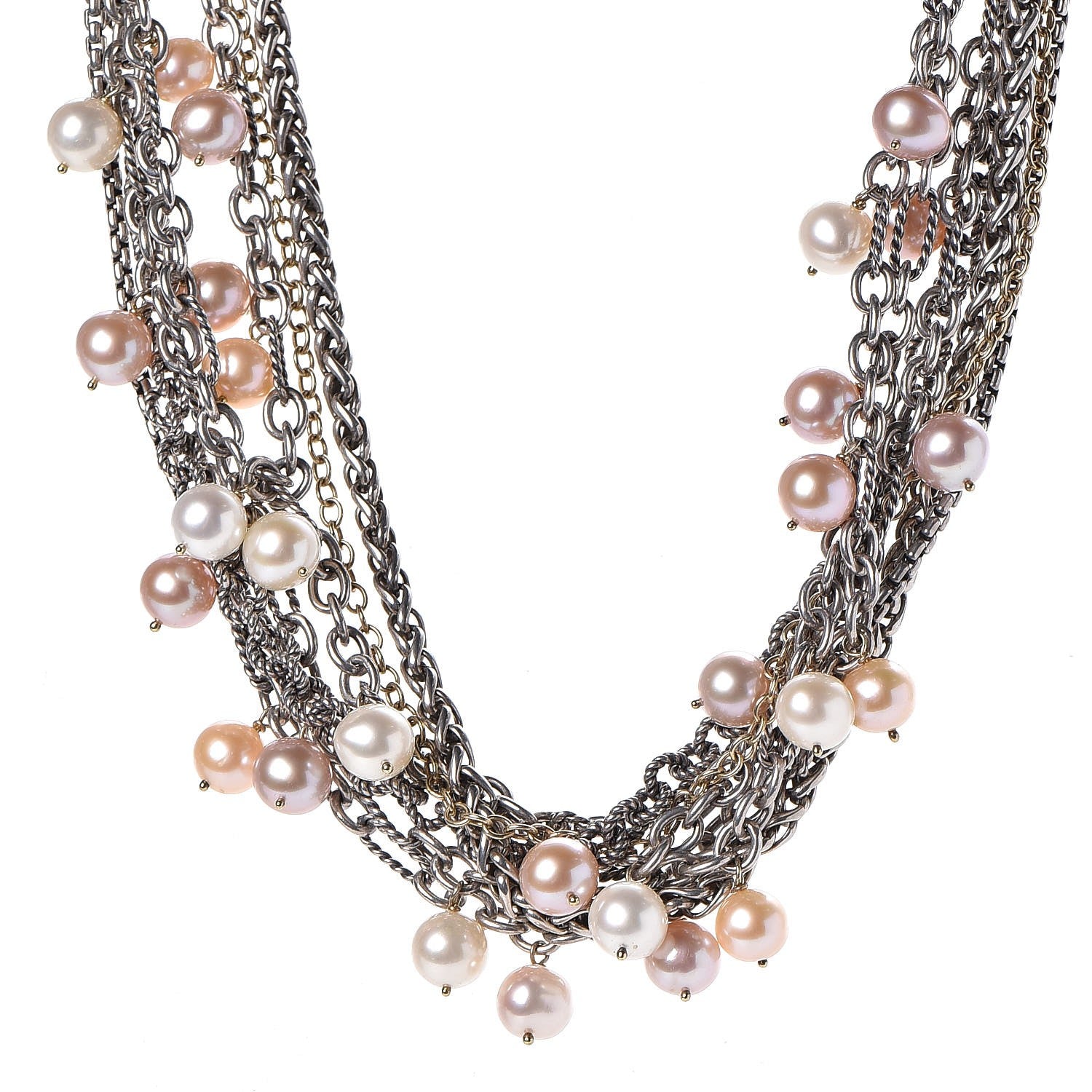 David Yurman Sterling Silver 18K Yellow Gold Pearl 8-8.5mm Multi Strand Chain Necklace 1 of 5