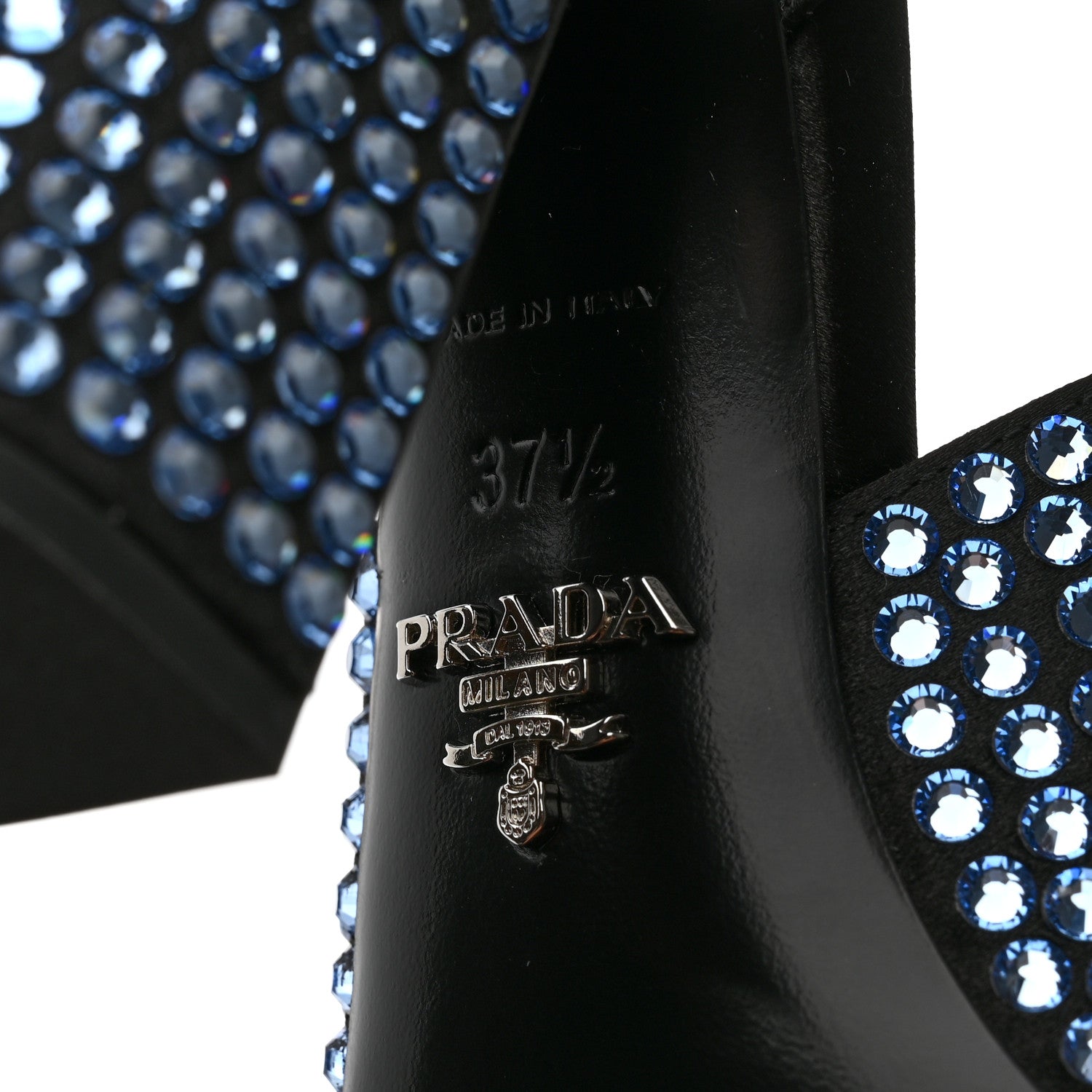 Prada Satin Crystal Ankle Wrap 105mm Sandals 37.5 Cielo 7 of 7