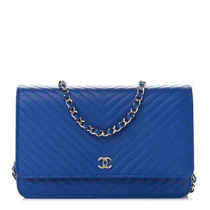 Chanel Caviar Chevron Quilted Wallet On Chain WOC Bright Blue 1 of 12