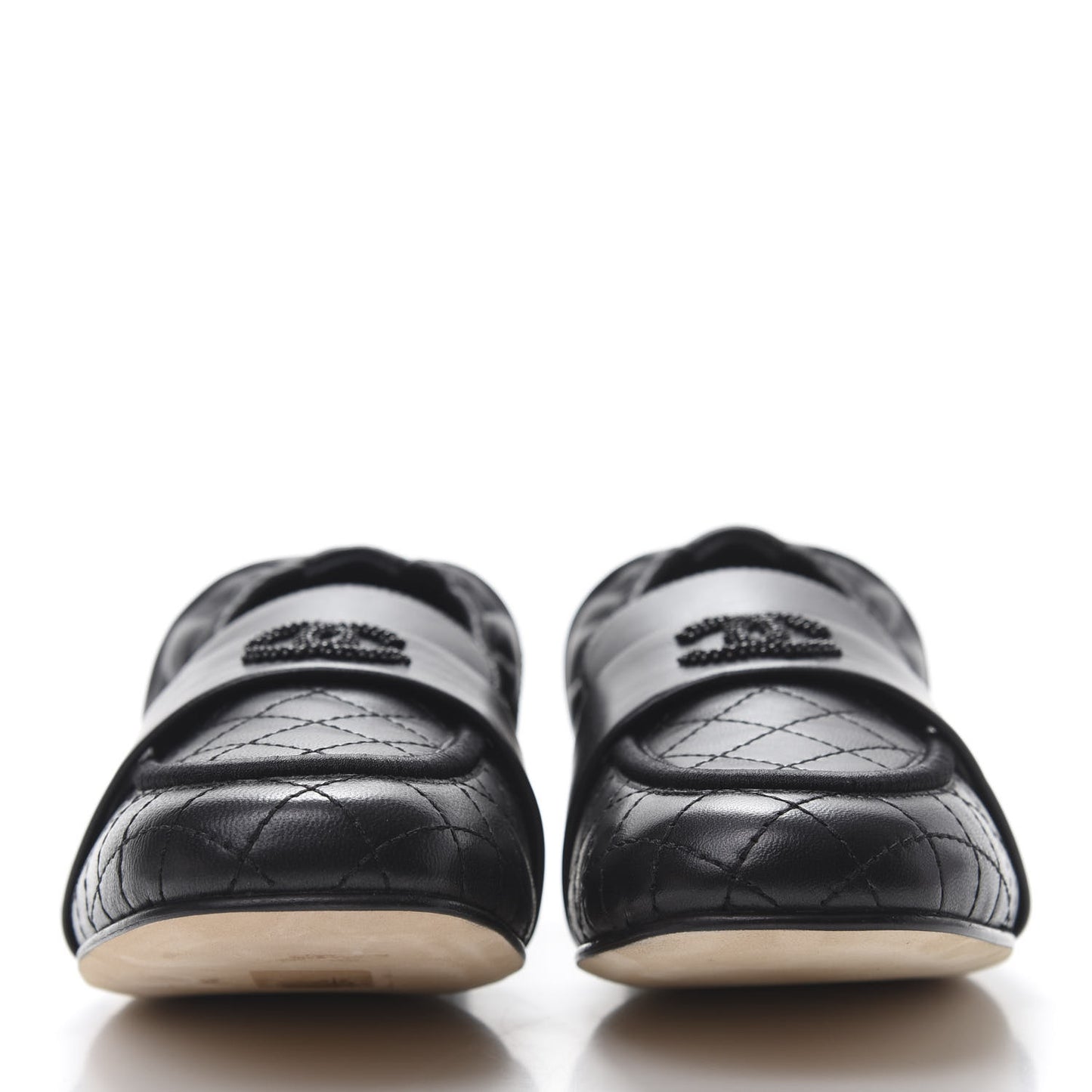 Laminated Lambskin Womens Quilted Elastic CC Moccasin Loafers 35 Black