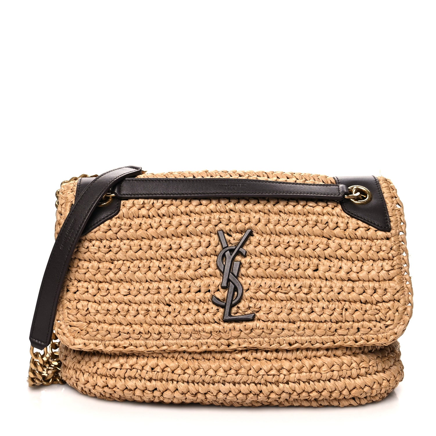 Saint Laurent Raffia Calfskin Monogram Medium Niki Chain Satchel Natural 1 of 12