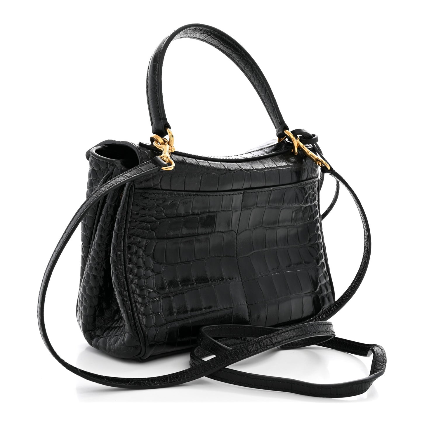 Shiny Calfskin Crocodile Embossed Mini Rodeo Top Handle Handbag Black