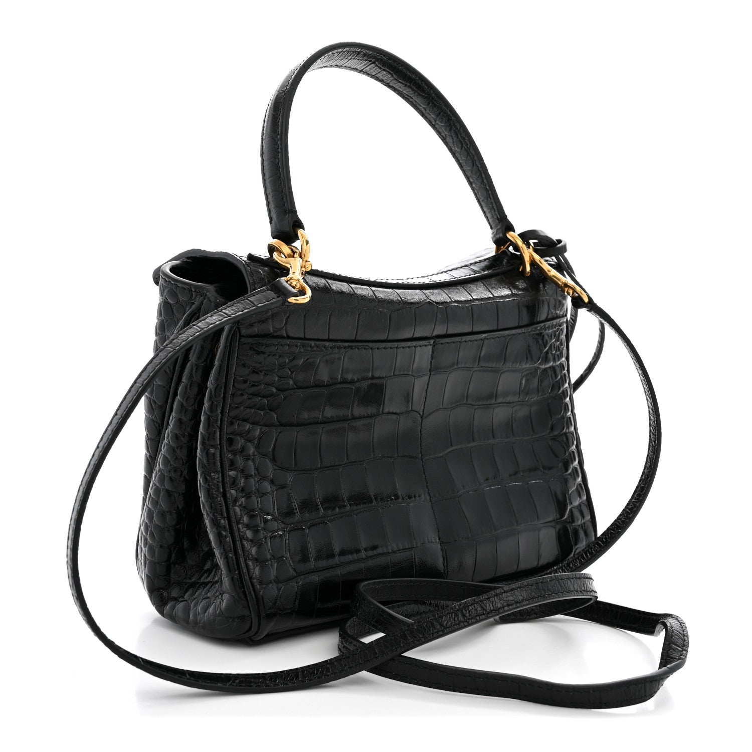 Balenciaga Shiny Calfskin Crocodile Embossed Mini Rodeo Top Handle Handbag Black 2 of 9