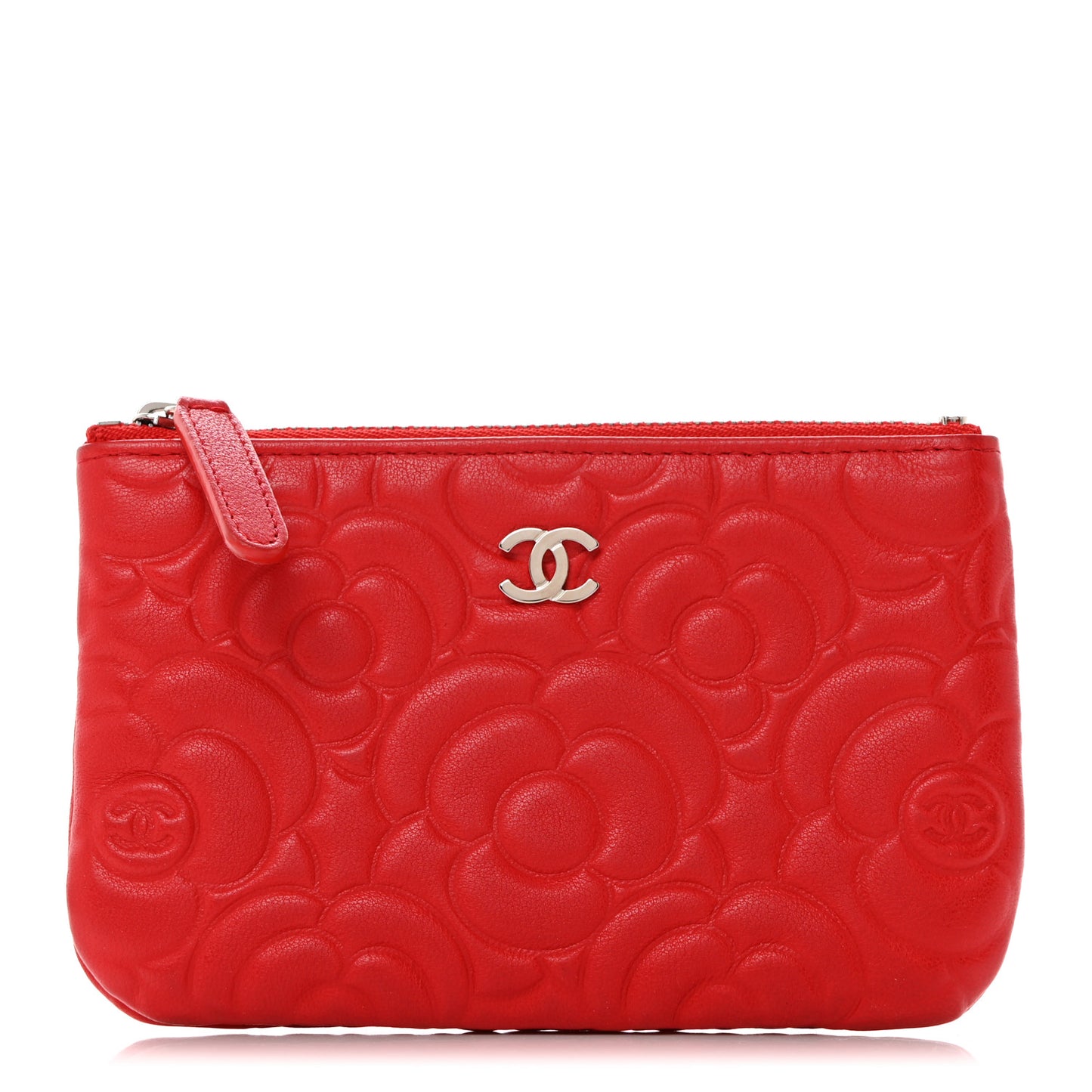 Goatskin Camellia Embossed Cosmetic Pouch Red