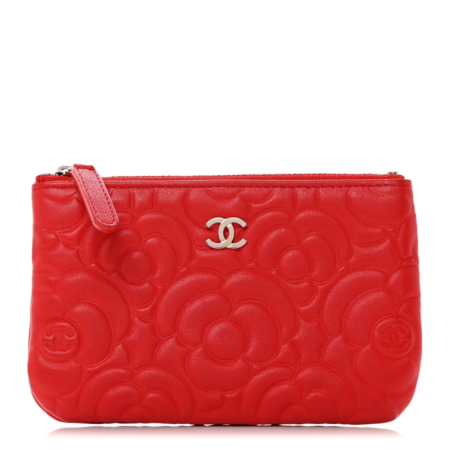 Chanel Goatskin Camellia Embossed Cosmetic Pouch Red 1 of 9
