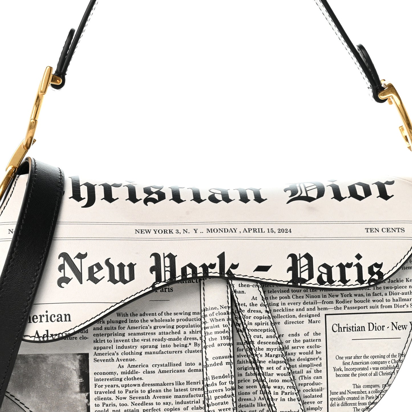 Calfskin Newspaper Printed Saddle Bag With Strap Black White