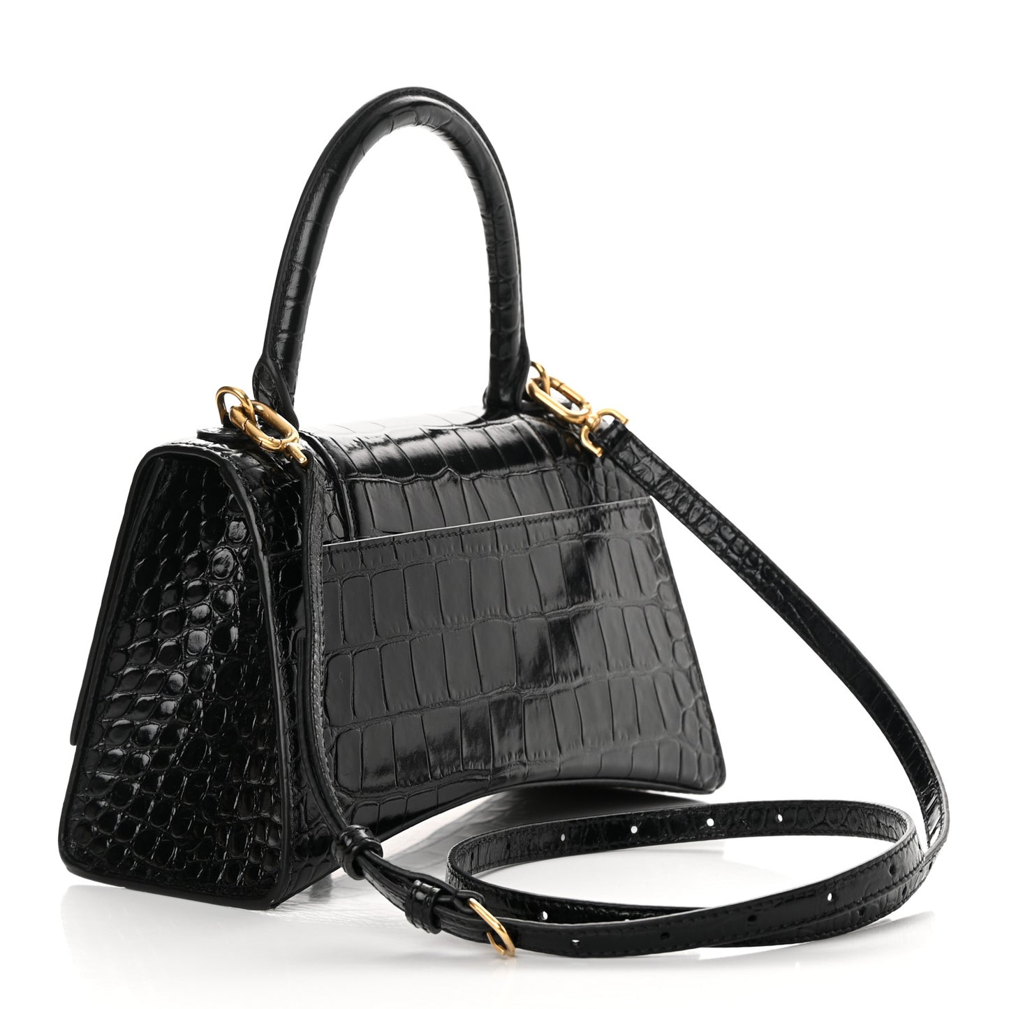 Shiny Calfskin Crocodile Embossed Small Hourglass Top Handle Bag Black
