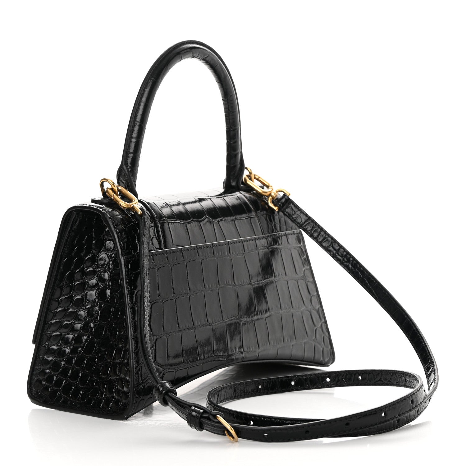Balenciaga Shiny Calfskin Crocodile Embossed Small Hourglass Top Handle Bag Black 3 of 16