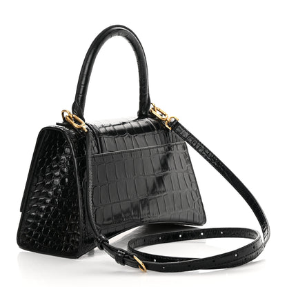 Balenciaga Shiny Calfskin Crocodile Embossed Small Hourglass Top Handle Bag Black 3 of 16