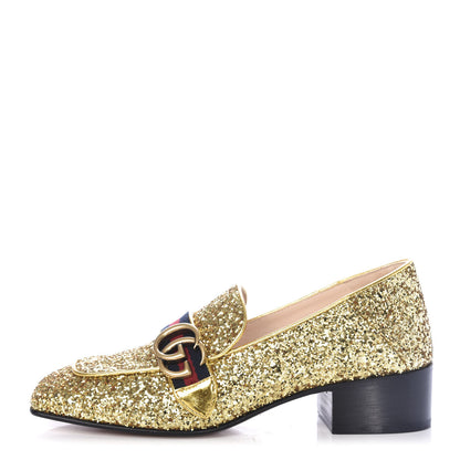 Gucci Glitter Web Peyton Loafers 38 Gold 1 of 11