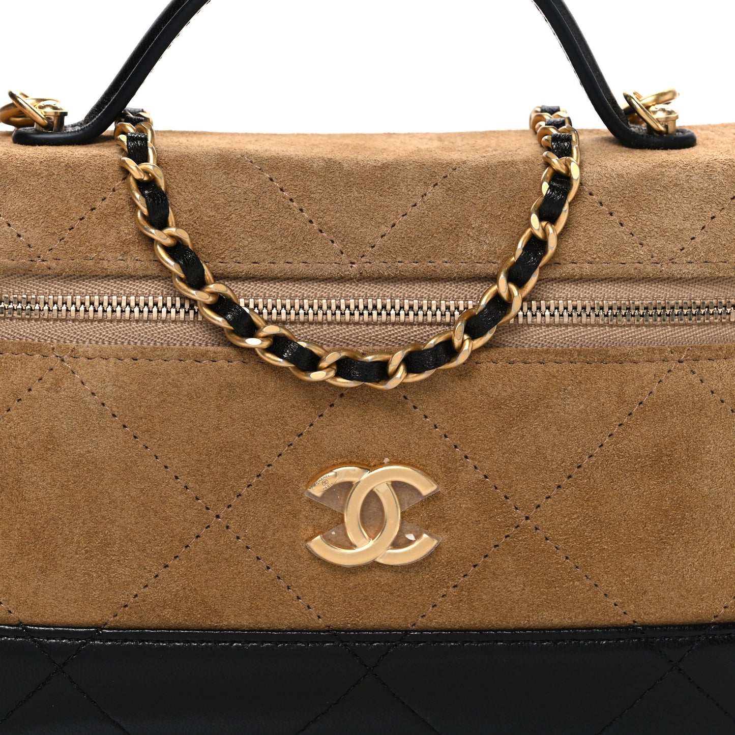 Suede Calfskin Shiny Lambskin Stitched Top Handle Slim Vanity Case With Chain Beige Black