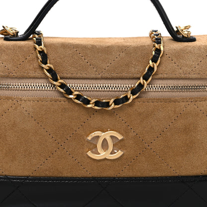 Chanel Suede Calfskin Shiny Lambskin Stitched Top Handle Slim Vanity Case With Chain Beige Black 8 of 11