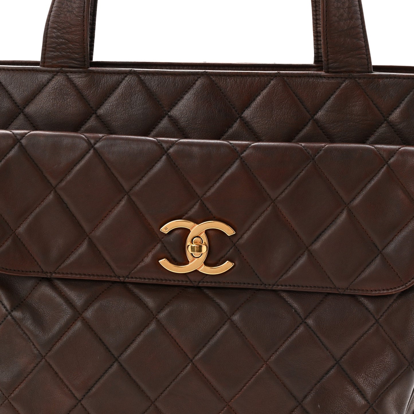 Lambskin Quilted Front Pocket Shopping Tote Brown