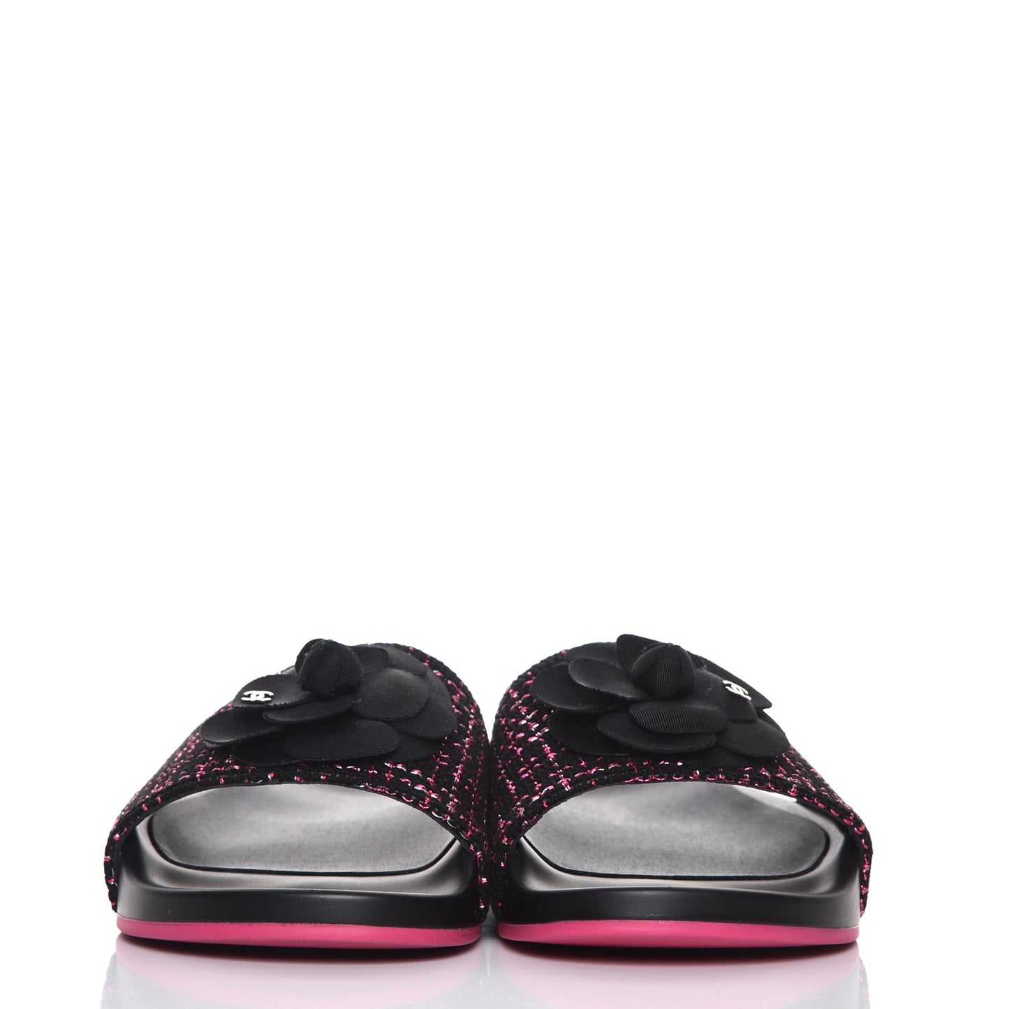 Tweed Grosgrain Camellia CC Flat Mules 41 Black Pink