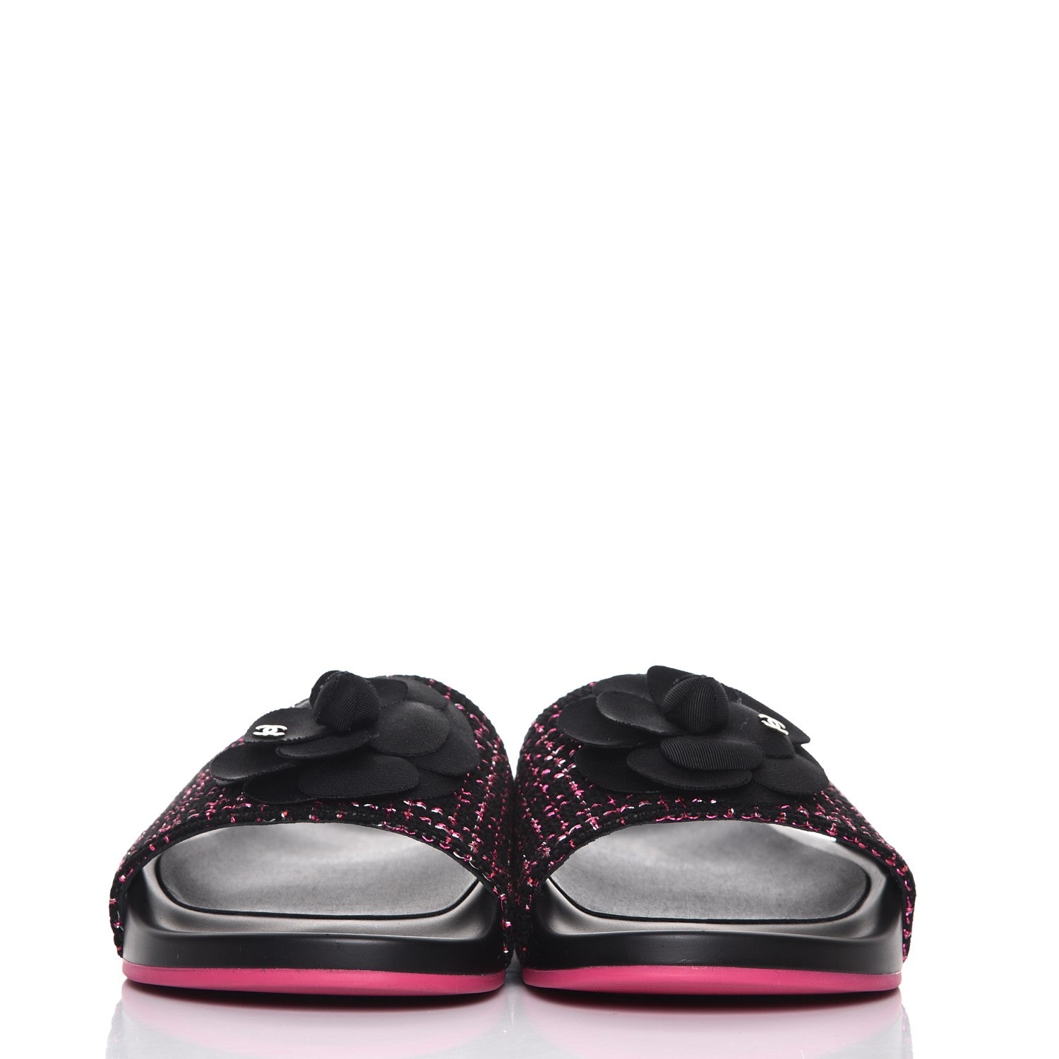 Chanel Tweed Grosgrain Camellia CC Flat Mules 41 Black Pink 2 of 10
