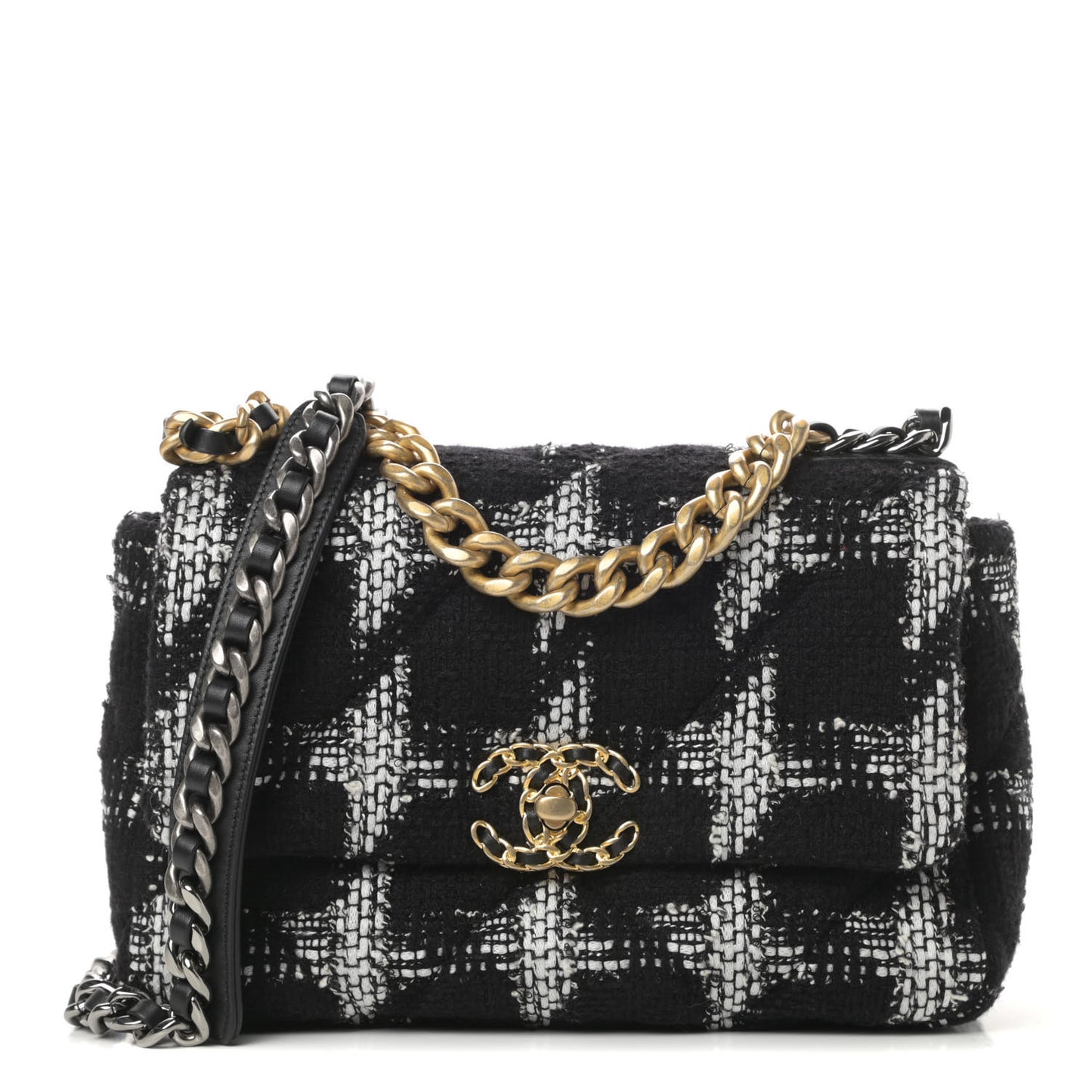 Tweed Quilted Medium Chanel 19 Flap Black White