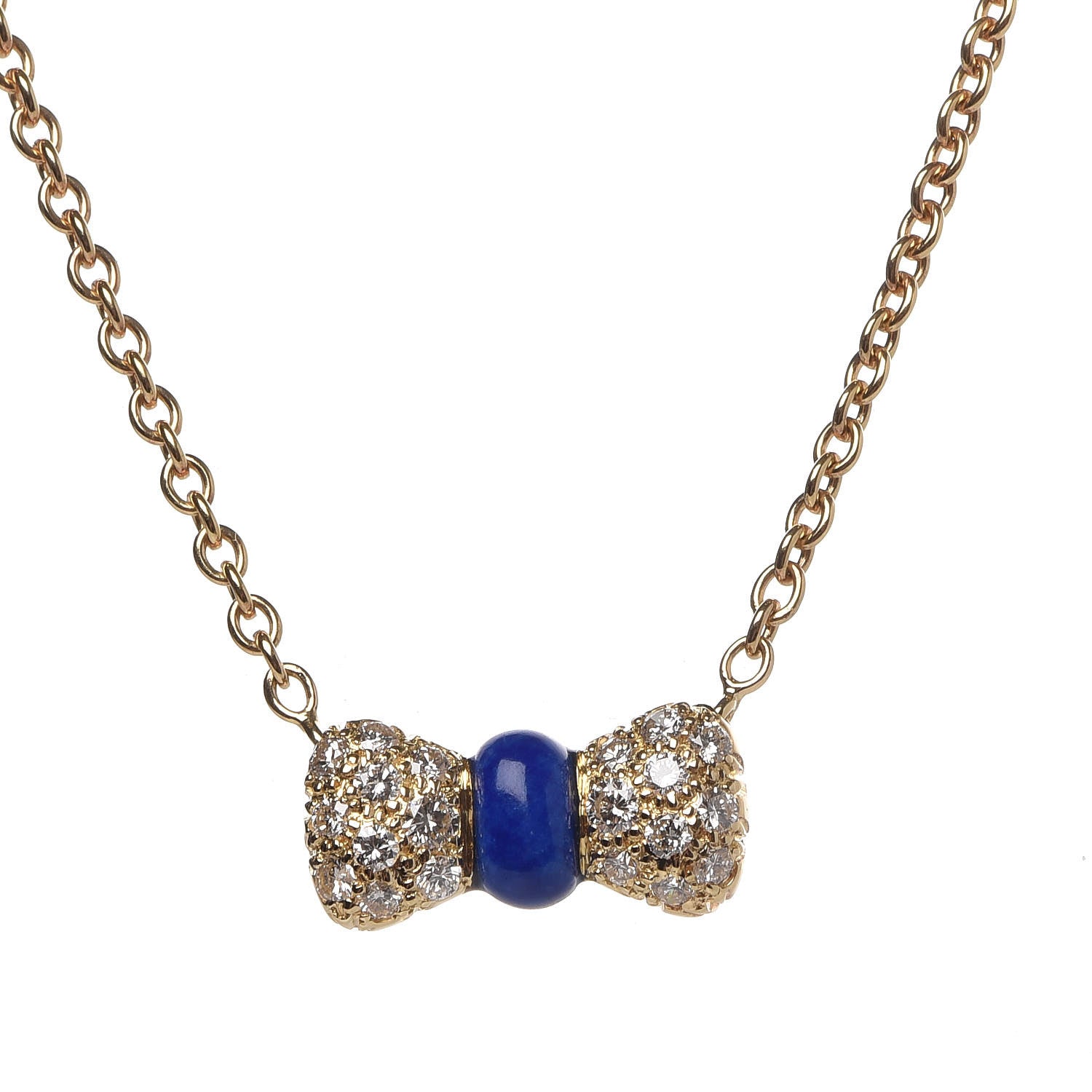 Van Cleef & Arpels 18K Yellow Gold Lapis Lazuli Diamond Bow Pendant Necklace 4 of 6