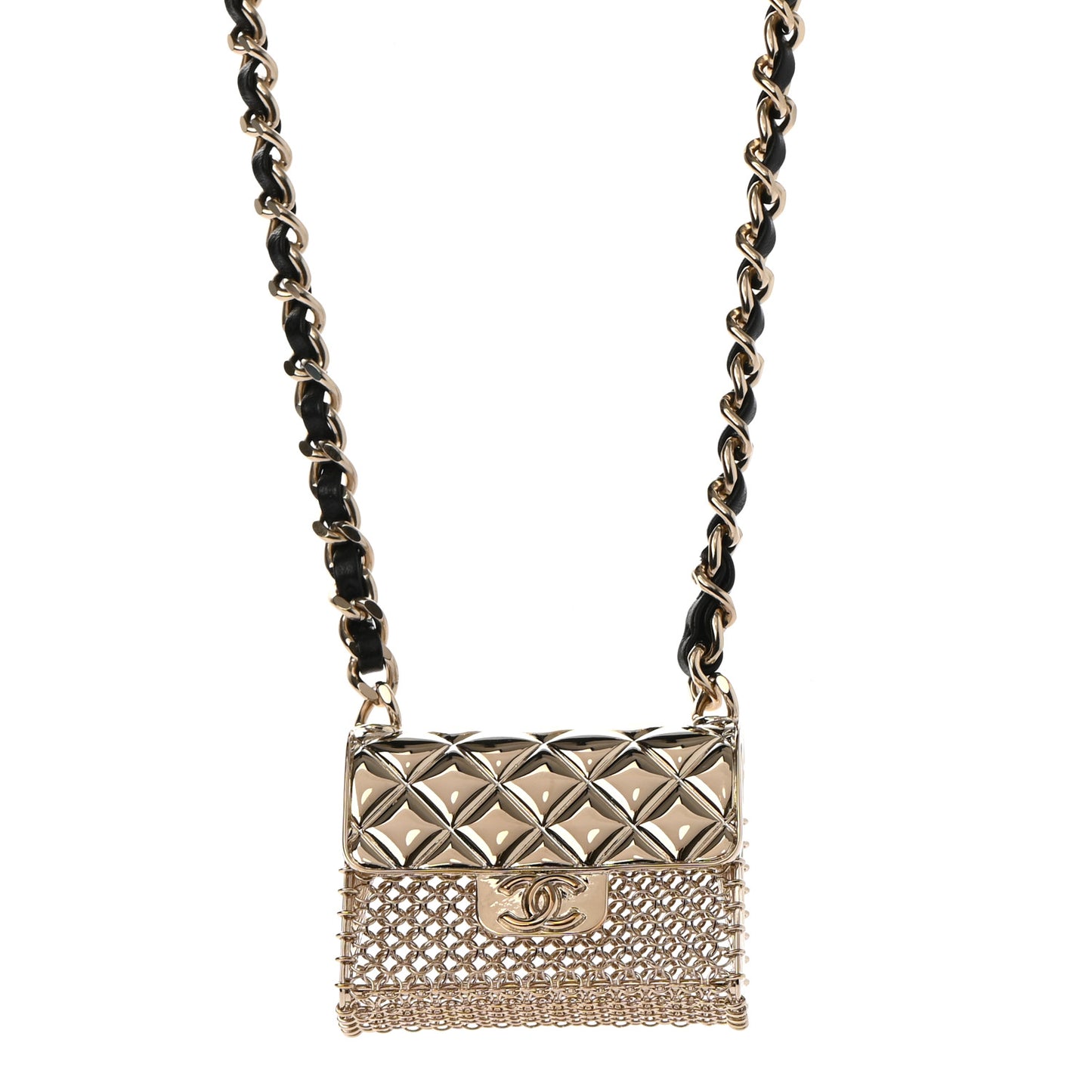 Metal Lambskin Chain Micro Bag Necklace Gold Black