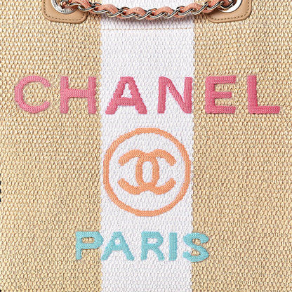 Chanel Straw Raffia Calfskin Striped Large Deauville Tote Black Beige Ivory 8 of 11