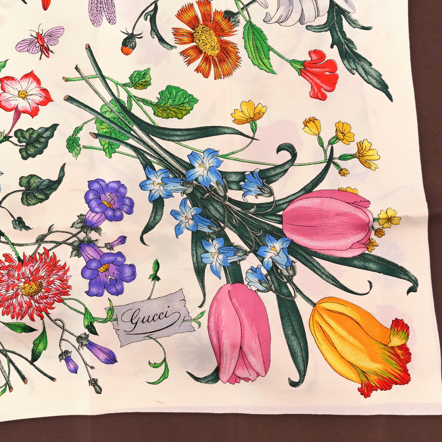 Gucci Silk Floral Print Square Scarf Ivory Brown 2 of 4