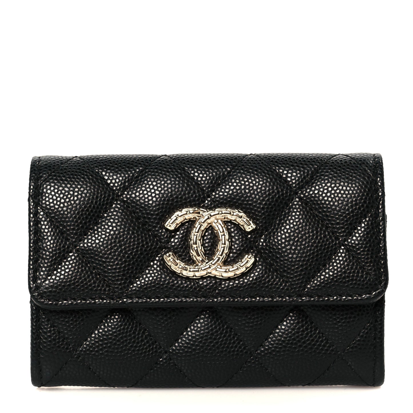 Caviar Quilted Chain CC Quilted Compact Flap Card Holder Black