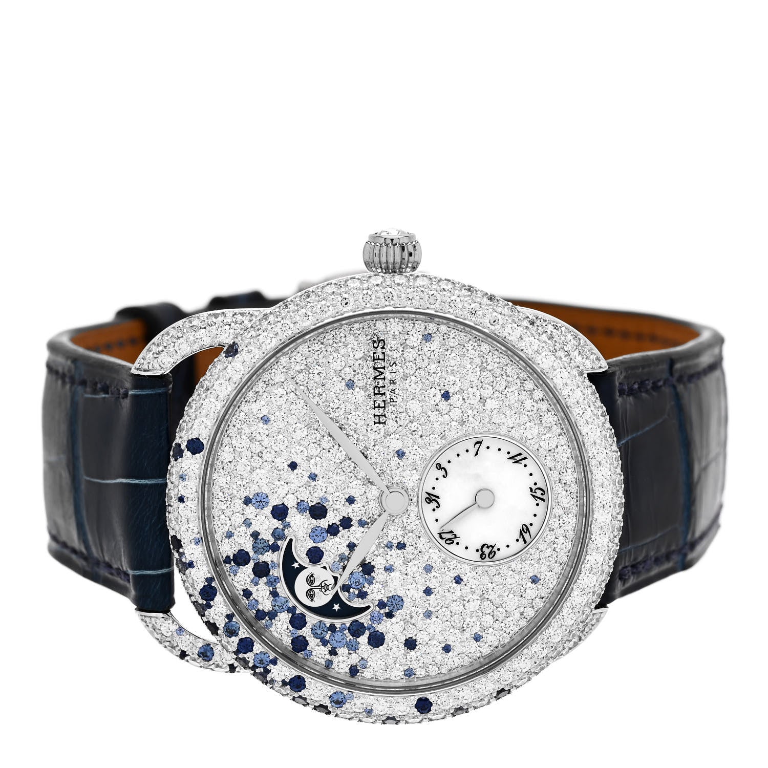 Hermes 18K White Gold Alligator Diamond 38mm Arceau Petite Lune Automatic Watch Bleu Saphir 2 of 7