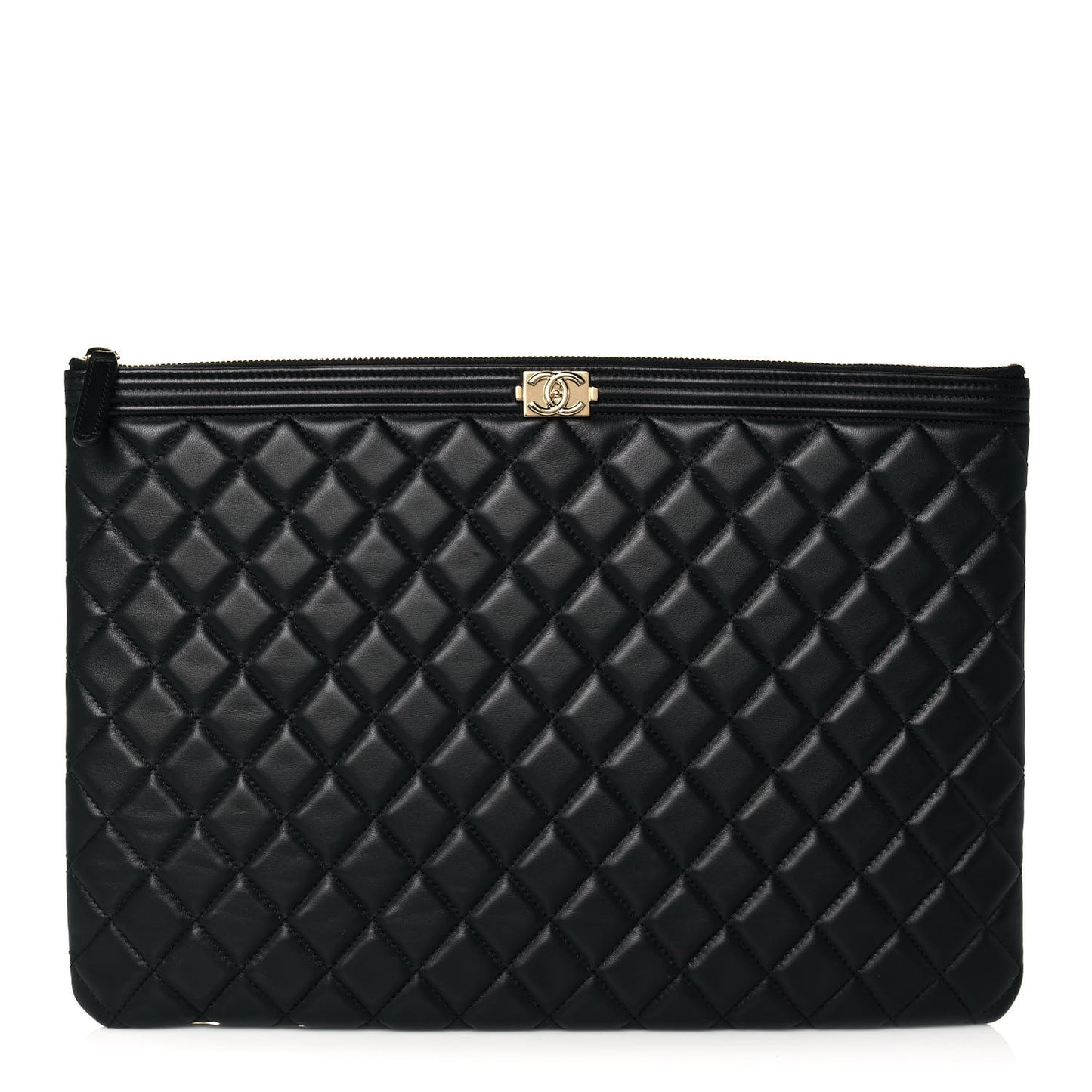 Lambskin Quilted Large Boy Zip Pouch Black