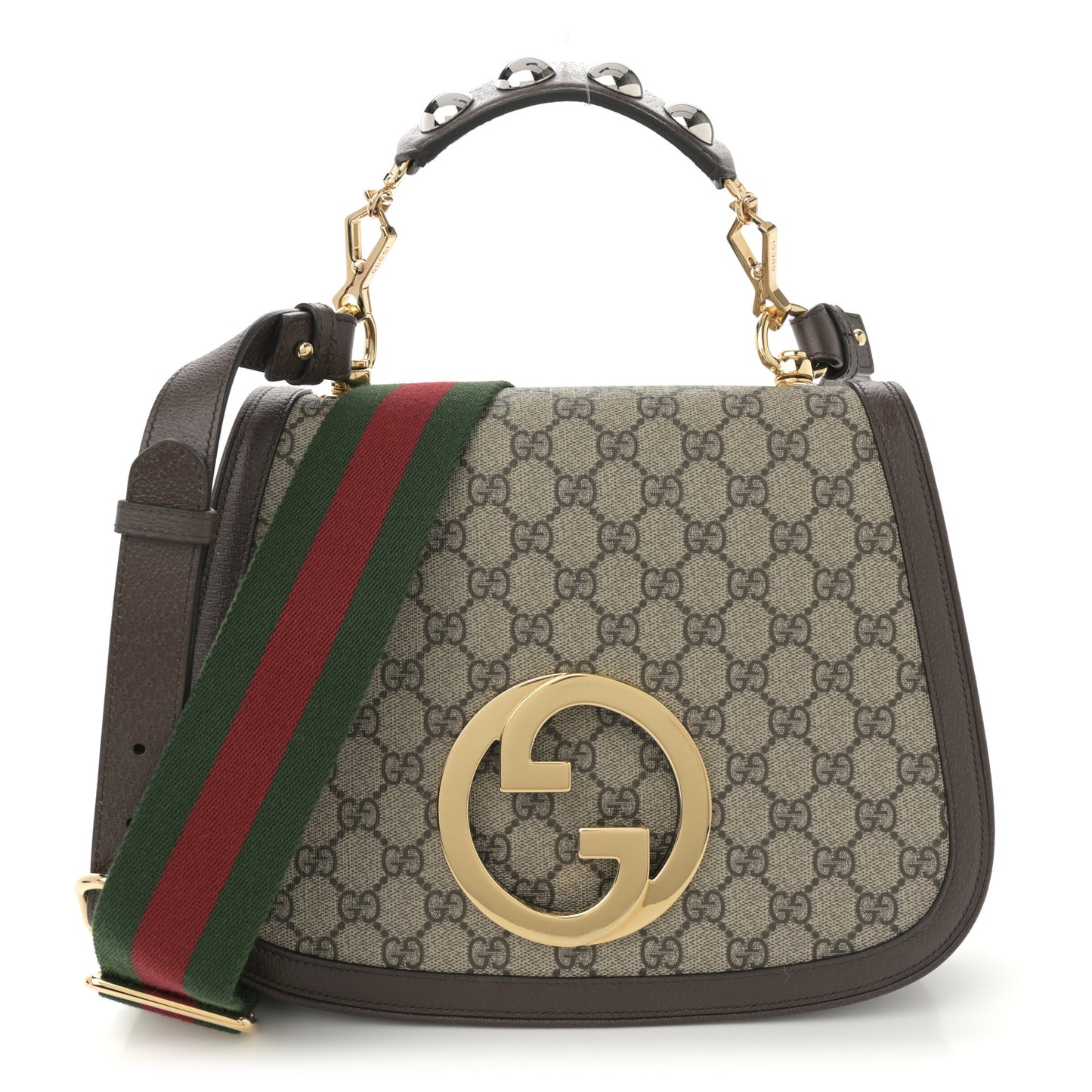 GG Supreme Monogram Textured Dollar Calfskin Web Medium Blondie Top Handle Shoulder Flap Bag Beige Ebony New Acero