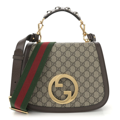 Gucci GG Supreme Monogram Textured Dollar Calfskin Web Medium Blondie Top Handle Shoulder Flap Bag Beige Ebony New Acero 1 of 11